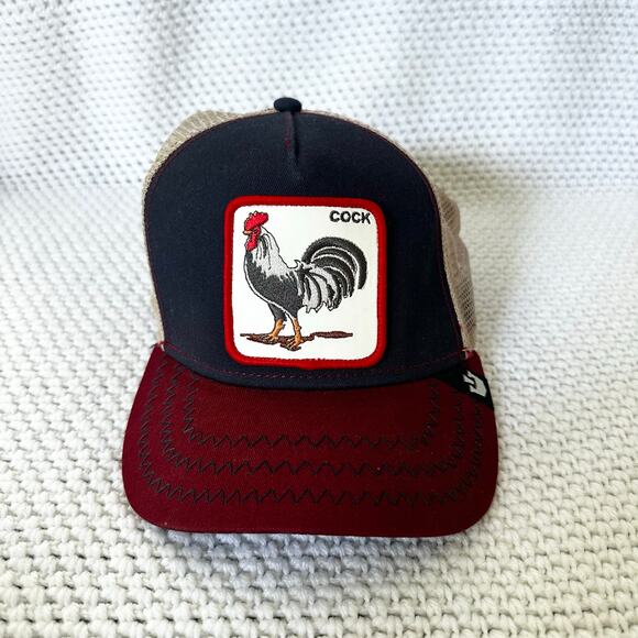 Goorin Bros The Farm Trucker Hat Red Blue Beige C ock Rooster Mesh Snapback - Picture 1 of 8